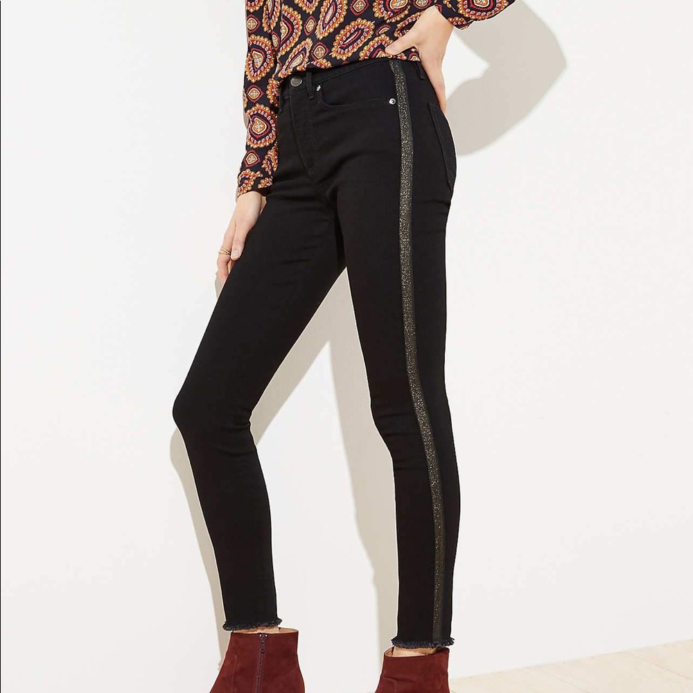 LOFT Shimmer Stripe Skinny Jeans in Black Sz 0/25